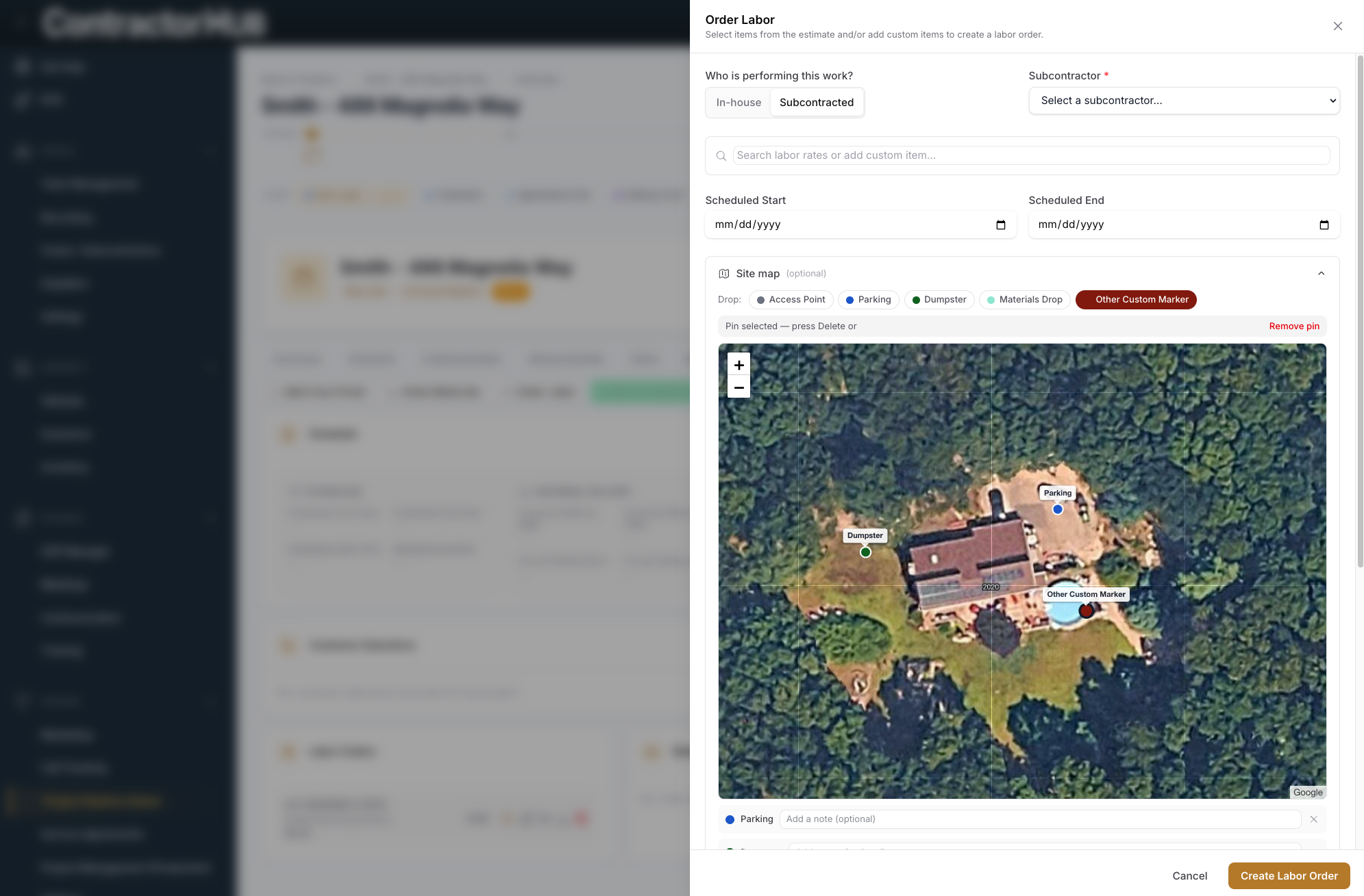 "Site Map Specifics" in Labor Orders